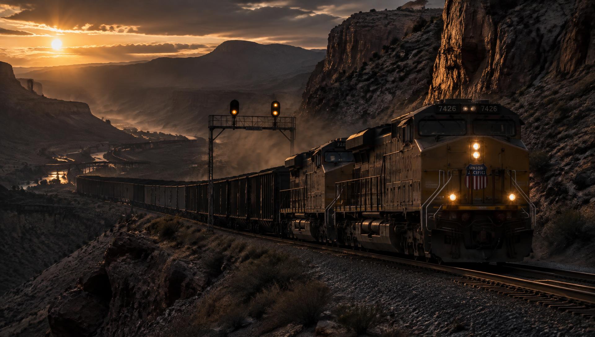 A long freight train working a desert grade at dusk